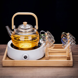 瓷牌茗茶具（cipaiming teaset） 电陶炉煮茶器煮茶壶茶炉家用小型电茶炉加厚耐热玻璃茶壶 竹柄壶+简约白炉6彩杯+架+托盘