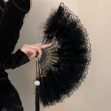 礼香馨 扇子 羽毛扇旗袍女扇子折扇黑色蕾丝扇走秀汉服道具扇子拍照神器 黑色羽毛蕾丝扇【拍照神器】