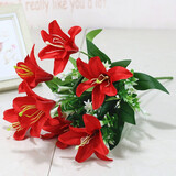 花艺赫家饰仿真花百合高枝装饰花假花绢花客厅摆设餐桌高档花艺干花花束摆件 40cm7头红色绢布百合花【5支】