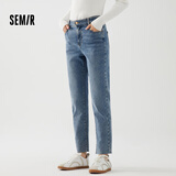 森马森马[森柔牛仔]牛仔裤女百搭小直筒裤简约秋毛边九分裤显腿长 牛仔浅中蓝88601 165/70A/L