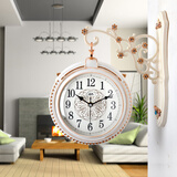 康巴丝双面简约现代挂钟田园家用钟表客厅两面吊钟创意石英钟 白金色3064 14英寸