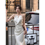 舒芳蝶（shufangdie）吊带连衣裙女装2025夏季新款绸缎面鱼尾长裙高级感中长小礼服裙子 米白色 M