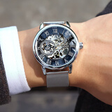 欧绮娜（MG.ORKINA MG）新款手表男时尚腕表 镂空全自动机械表 男士手表防水夜光男表 银壳黑面钢网带