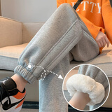 米子旗加绒运动卫裤女春秋冬装新款宽松束脚长加厚棉裤女休闲裤 加绒加厚 灰色 M 95-108斤