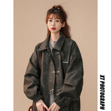 QGF高级感麂皮绒外套女美式复古hiphop欧美夹克春秋设计感小众棒球服 黑色 M