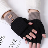 笙格儿 手套女冬季半指翻盖加绒防寒保暖学生韩版加厚可爱棉毛线针织露指手套女士秋冬天 黑色 均码有弹性