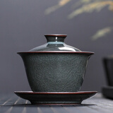 龙泉茶具青瓷三才盖碗茶杯大号龙泉冰裂陶瓷手工泡茶功夫茶具中式复古家用 青色