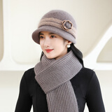红蜻蜓女士中老年人帽子冬季老人帽毛线妈妈帽冬天奶奶婆婆老太太针织帽 兔毛混纺[帽子+围巾]W2415卡其
