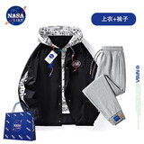 NASALIKE官方外套男春秋季假两件连帽夹克男士休闲棒球服宽松工装冲锋上衣 黑色+灰色裤子 3XL （建议160-180斤）