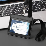 嘉然恒 真牛皮工作牌企业员工胸牌证件卡套黑色横款带收纳卡位挂脖牌会议出入证工作证套牛皮材质