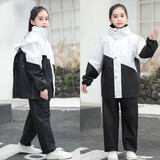 中大童雨衣雨裤分体套装男童女孩学生上学专用儿童自行车骑行雨披 黑拼白套装【赠送手提收纳袋】 4XL 1件 （推荐150-165cm）