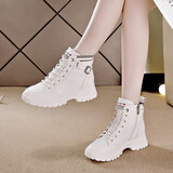 莱然休闲鞋女士牛皮高帮运动鞋2025新款内增高女鞋子厚底春秋透气单鞋 米灰布里 36