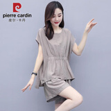 皮尔卡丹（pierre cardin）高端棉麻短袖短裤套装女夏季遮肚新款大d码洋气减龄休闲套装宽松 灰色棉麻短裤两件套装 XL (建议115-125斤)【气质女
