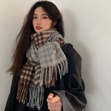 妆羽婉千鸟格子围巾女双面韩国2024新款百搭加厚保暖披肩秋冬季学生披肩 棕色