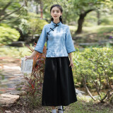 柠鑫焱民国学生装女五四青年装民国风女装中山装男班服舞台合唱表演服装 蓝色上衣+长裙 L