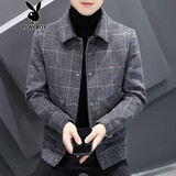 花花公子呢子外套男秋冬季男装潮流韩版修身商务休闲毛呢夹克秋装男装上衣 灰色 2XL
