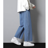 皇呈牛仔裤男裤子男士春秋夏季高街潮牌宽松潮流直筒裤弹力休闲裤长裤 中蓝色 L 建议105-115斤