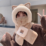 奇沛儿（QIPEIER）狐狸帽子围巾一体帽可爱护耳毛绒帽女冬季保暖围脖套装毛绒三件套 卡其(带面罩) 均码