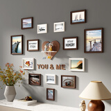 纪恒暄 心形实木照片墙挂墙组合装饰画框婚纱照个性欧式木质像框相片框 14框巧克力白+海天一色