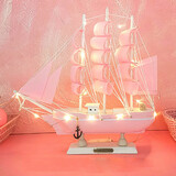 蔓森鑫一帆风顺帆船木质工艺船模型摆件房间卧室书架柜桌面装饰同学礼物 30厘米粉色帆船+灯串