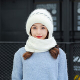 笙格儿 毛线帽围巾两件套秋冬天帽子女冬季户外防风寒套头兔毛保暖针织帽女生礼物 白色 帽子围巾一体