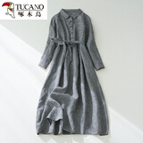 啄木鸟复古棉麻小格子收腰系带连衣裙秋季polo领排扣长袖亚麻衬衫裙子潮 格子 L【105-120斤】