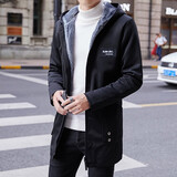 左斯客风衣男中长款秋冬加绒加厚大衣男潮流大码男士外套青少年学生保暖 黑色加绒 2XL