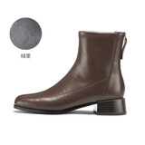 千百度女鞋简约气质骑士靴新款女靴中跟短靴方头加绒瘦瘦靴潮流 咖(绒里) 34