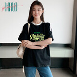Halo Queen宽松t恤运动短袖T恤女夏季撞色字母印花上衣H143T1416