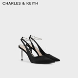 CHARLES&KEITH亮钻链条腕带尖头高跟凉鞋女生日礼物送女友CK1-60280436 BLACK TEXTURED黑色纹理 38