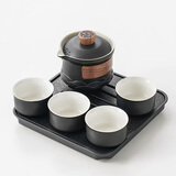 琦轩源陶瓷盖碗家用大号防烫泡茶神器三才泡茶碗手抓壶单个功夫茶具 黑陶海浪5件套+岩流正方长盘