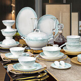 国玥景德镇新款骨瓷碗盘餐具套装釉下彩陶瓷碗具整套创意碗碟家用乔迁 云锦万里釉下彩礼盒装 60件套