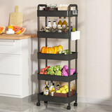 木樽厨房推车置物架落地调料架蔬菜水果架零食架卧室浴室收纳储物架子 5层黑【带轮+贴纸+4挂钩+2挂盒】