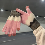 慕衣宾士韩版情侣毛线手套男冬季加厚加绒保暖手套女冬天五指触屏手套骑行学生可爱防寒手套 粉色 均码（男女通用）