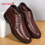 奥康棉鞋男冬季加绒保暖皮鞋真皮休闲加厚棉皮鞋爸爸鞋 棕色 加绒 40