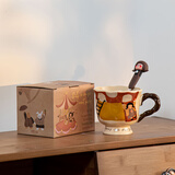 SUCCOHOMEWARE可爱奶油风高脚咖啡杯公司办公室复古喝水杯子下午茶杯陶瓷马克杯 蘑菇屋-马克杯+大包子勺
