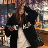 風采兔卫衣女春秋款2024新款中长款加绒加厚秋冬季韩版宽松开衫外套潮 黑色(加绒) XL