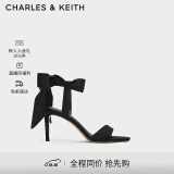 CHARLES&KEITH一字带缎面蝴蝶结绑带高跟凉鞋子女鞋生日礼物CK1-61720177 BLACK TEXTURED黑色纹理 34