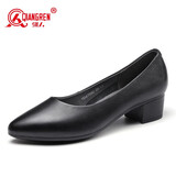 强人女鞋4CM中跟工作单鞋尖头通勤皮鞋浅口高跟鞋 JDLA170002 黑色 40