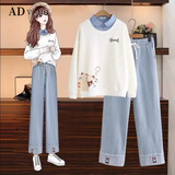 香港潮牌ADVSUS轻奢高端春秋季中学生少女学院风休闲初中生卫衣运动套装高中生秋装 浅色阔腿裤+白色上衣 s70-90斤