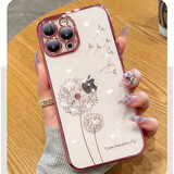 橘左适用苹果14promax手机壳女款iPhone14网红高颜值高级感中国风女士轻奢闪钻软透明镜头全包小孔镂空 苹果14Promax【闪钻蒲公英-玫瑰金】