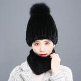 幕加格 貂帽子女毛线帽韩版冬季保暖可爱狐狸毛球球时尚皮草帽子M2723 黑色(单顶帽子) 均码有弹性