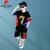 皮尔卡丹（pierre cardin）童装男孩穿的4-14岁儿童装夏装2025新款短袖套装衣服6中大童街舞 黑色(上衣+裤子) 130 建议身高1.2米左右40-50斤