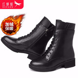 红蜻蜓女鞋冬季新款马丁靴女机车短靴英伦显瘦短筒靴子女 黑色加棉 37