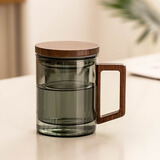 瓷牌茗茶具（cipaiming teaset）玻璃茶杯茶水分离带盖泡茶水杯个人办公室情侣喝茶杯子 青灰《灵空》直身-胡桃木把
