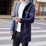 左斯客风衣男中长款秋冬加绒加厚大衣男潮流大码男士外套青少年学生保暖 藏青加绒 3XL