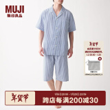 无印良品（MUJI）男式 无侧缝泡泡纱短袖睡衣男士家居服套装男款夏季纯棉全棉 蓝色条纹2S S