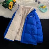 忆克萨 双面穿羊羔绒棉衣外套男冬季潮牌ins加绒短款厚棉服 蓝色 XL