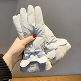 目丸手套女士冬季骑行保暖可爱兔耳触屏电动车户外防寒防水加绒棉手套 蓝色【加绒防水】