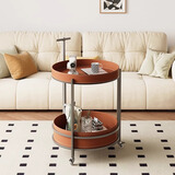 宅家纪北欧简约圆形客厅可移动推车沙发边几轻奢多功能储物马鞍皮零食车 棕色马鞍皮-钛灰色不锈钢-圆形